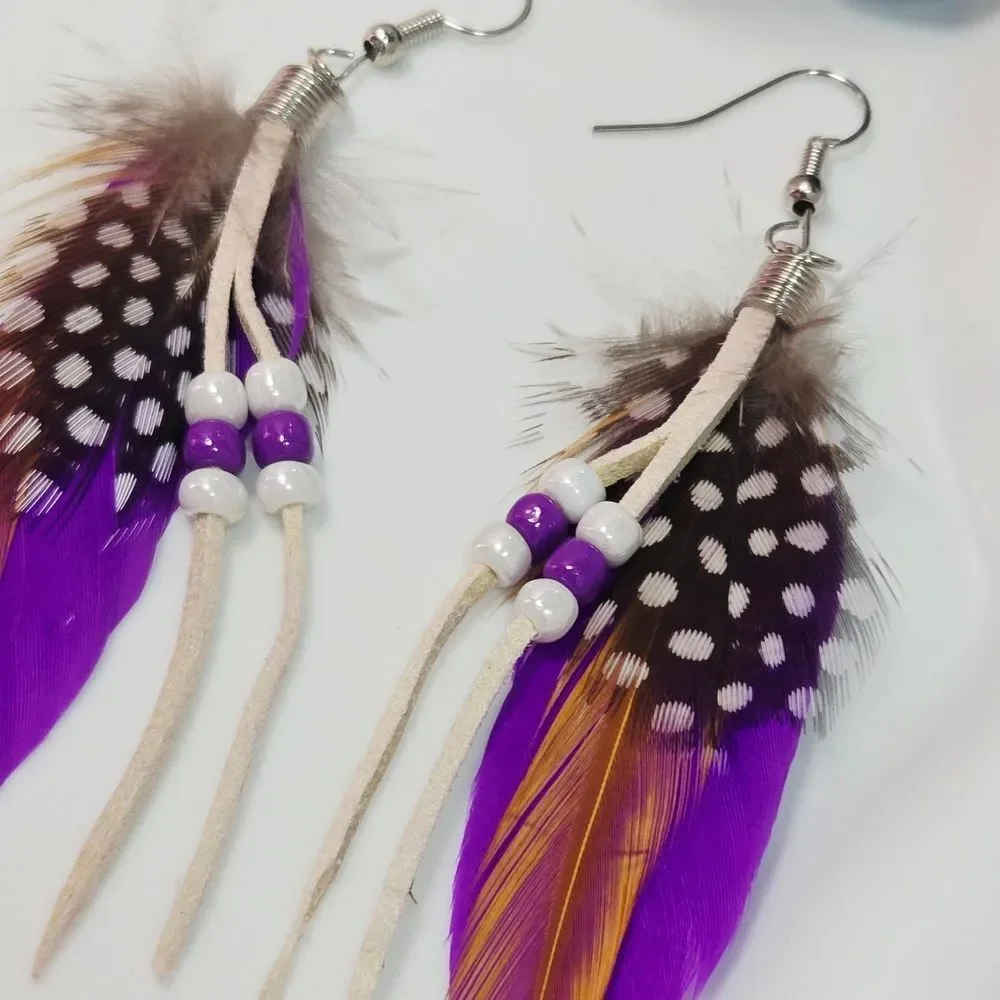 Purple Feather Earrings – Handmade Boho Beaded Tassel Dangles Hippie Bohemian